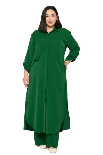 DISENTIS MODEST Plus Size Long Shirt Pants Emerald Green Two-Piece Set