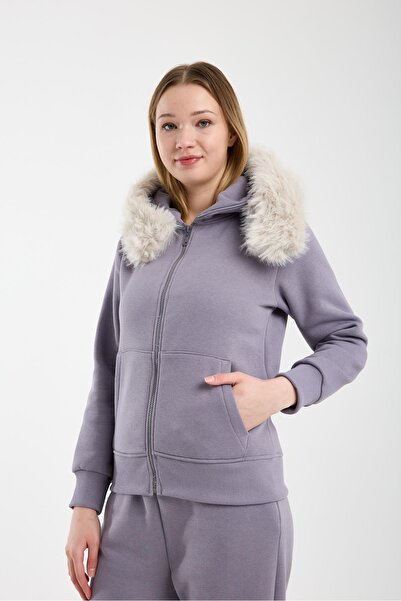 Afri Women's Gray Hooded Sweatshirt with Fur (Removable) and Zipper, Sweatshi...