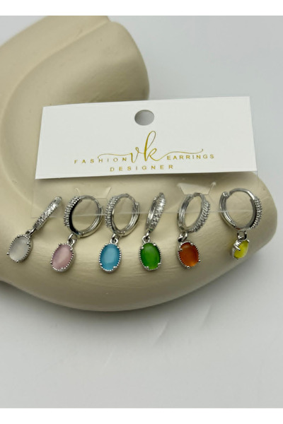 BİJU YILMAZ Vip Silver Colored Oval Stone Dangle Earrings Set of 6 - 26Vipkp62