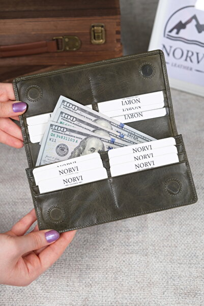 Norvi Leather Wallet with Phone Compartment Genuine Leather Hand Grip Khaki 1028