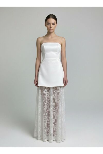 Tangül&Ali'S Moda Evi Dantel Etekli Beyaz Straplez Maxi Elbise