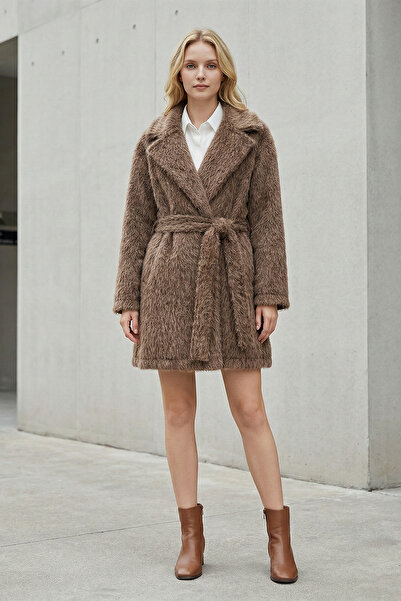 Kirazgym Women's Belted Pocketed Bearded Plush Cashmere Hat - Mink