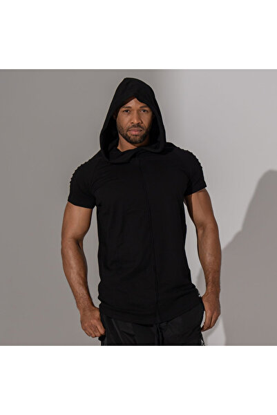 Asimetrix Store Μαύρο 100% βαμβακερό T-shirt με κουκούλα