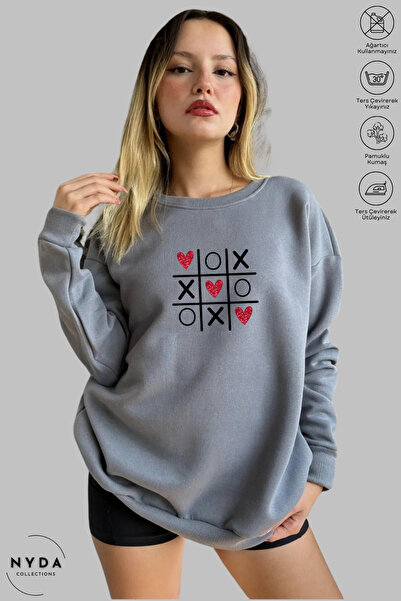 Nyda Collections Hanorac unisex cu imprimeu Tic Tac Toe, cu gâtul tip crewnec...