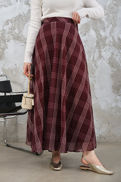 LOCCO Women's Side Zippered Square Pattern Chiffon Skirt Plum