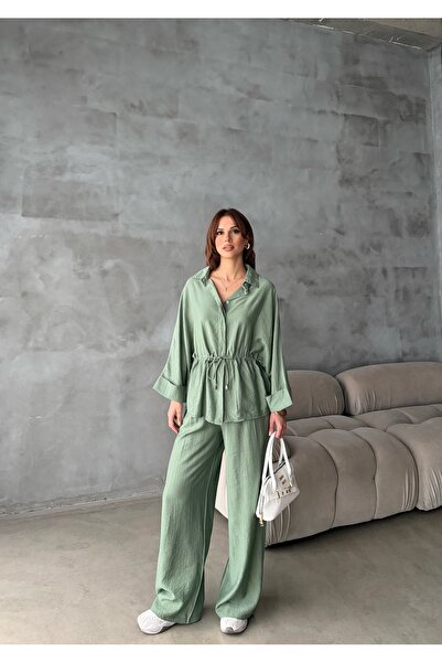 MODAMERSİ Women's Green Oversize Lace-Up Waist Shirt and Trousers Two-Piece Set