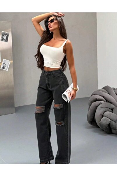 KENE JEANS Double Knee Laser Ripped Wide Leg Jeans