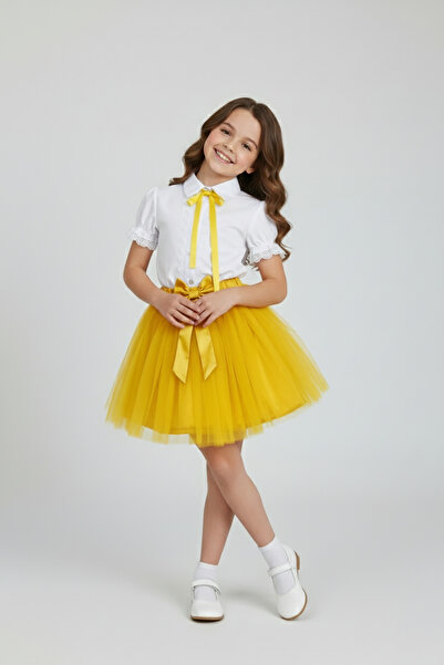 FATELLA Cămașă din dantelă cu fundă galbenă pentru fetițe, set fustă tutu gal...