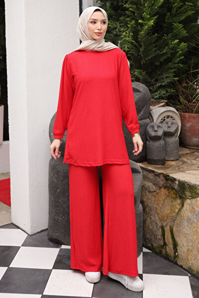 İmajButik Red Wrinkled Tunic Pants Suit