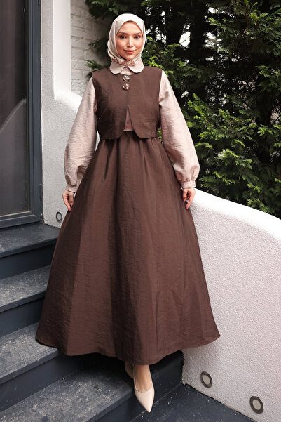 İmajButik Brown Elastic Waist Vest Combination Dress Set