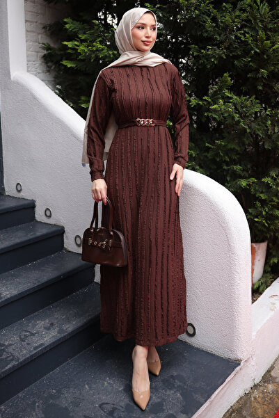 İmajButik Brown Chain Belted Ruffled Seersucker Dress