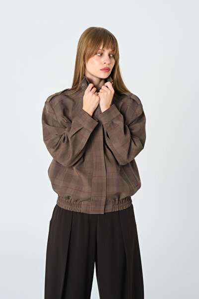 Thalure Women's Brown Plaid Bomber Jacket