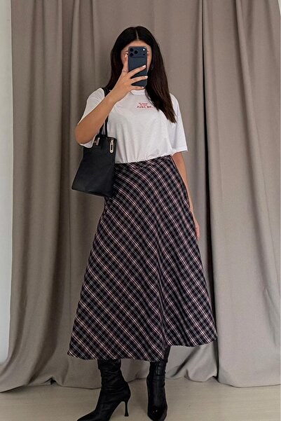 Güneş Plaid Patterned Midi Length Skirt
