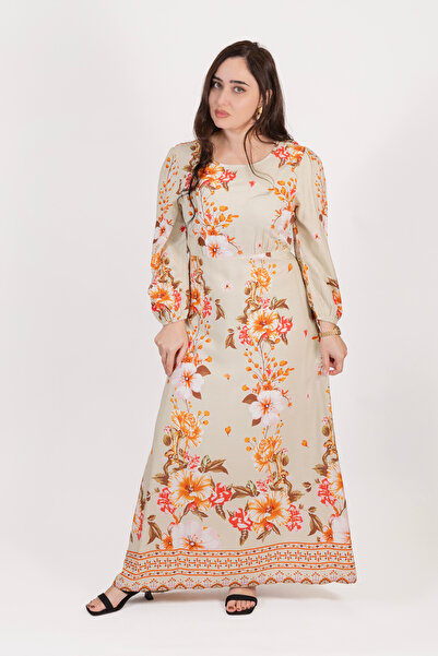 LINELLE Beige Multicolor Floral Printed Full-Length Maxi Dress