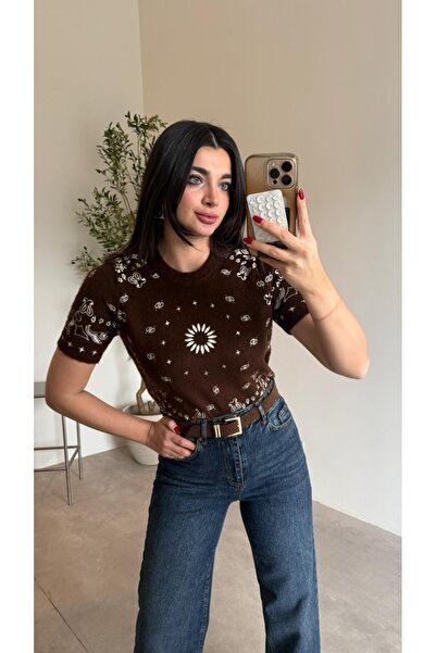 Bade Butik Καφέ πλεκτή μπλούζα με έθνικ σχέδια