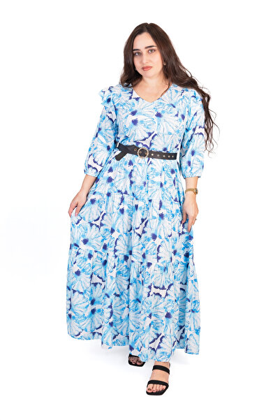 LINELLE Blue & White Abstract Floral Printed Layered Maxi Dress