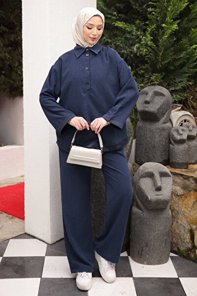 İmajButik Navy Blue Collared Buttoned Tunic and Trousers Set
