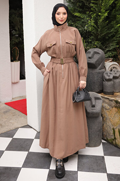 İmajButik Mink Zippered Rubber Belted Dress