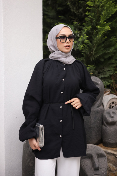 İmajButik Black Balloon Sleeve Belted Shirt