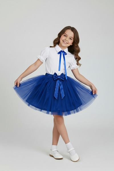 FATELLA Kız Çocuk Saks Fiyonklu Dantelli Gömlek Saks Tütü Etek Takım 23 Nisan...