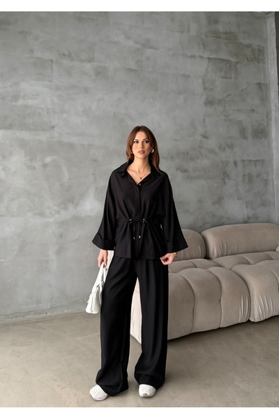 MODAMERSİ Women's Black Oversize Lace-Up Waist Shirt and Trousers Two-Piece Set
