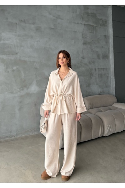 MODAMERSİ Women's Beige Oversize Lace-Up Waist Shirt and Trousers Two-Piece Set
