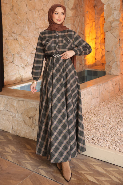 İmajButik Khaki Belted Plaid Patterned Buttoned Dress