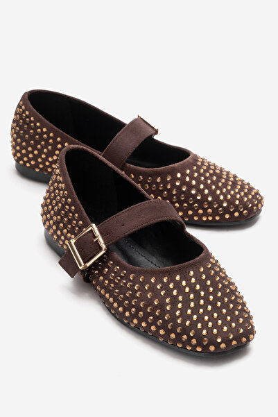 CCWAY AYAKKABI Women's Belted Stoned Blunt-Toe Ballerinas Brown Gold