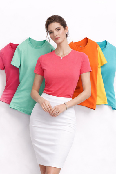 BYCOOLMEN 5li set kadın bisiklet yaka basic düz kısa kol tişört rahat kalitel...