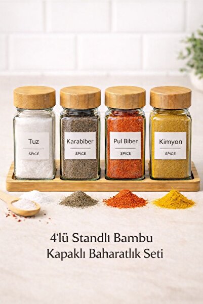 Kitchen Beauty 4'lü Standlı Bambu Kapaklı Kare Cam Baharatlık Takımı 4 Adet E...