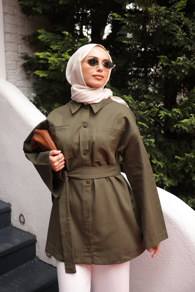 İmajButik Cămașă oversize din gabardină kaki cu buzunare cu capse