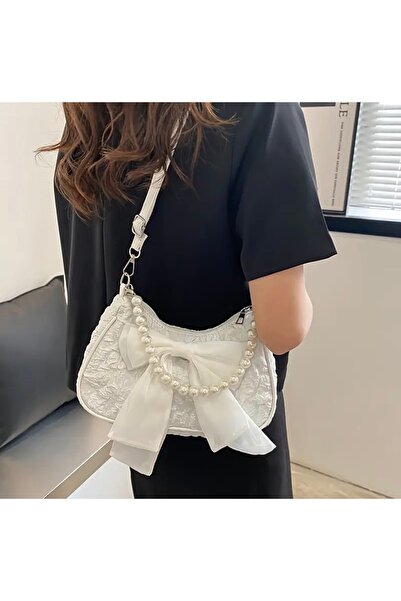 La Saade Y2K Coquette White Pearl Bowknot Pinterest Handle Bag