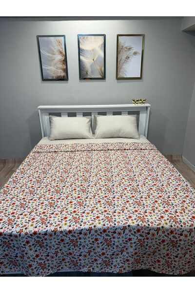 Tekstil Vagonu Çift Kişilik Desenli %100 Pamuk Pike Turuncu Papatya