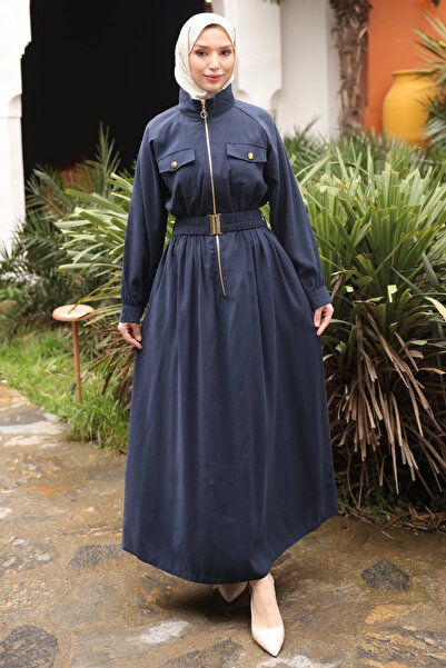 İmajButik Navy Blue Zippered Elastic Belted Dress