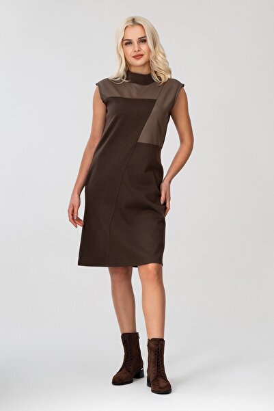 Bold & Young Women's Brown Faux Leather Detailed Dress with Pockets