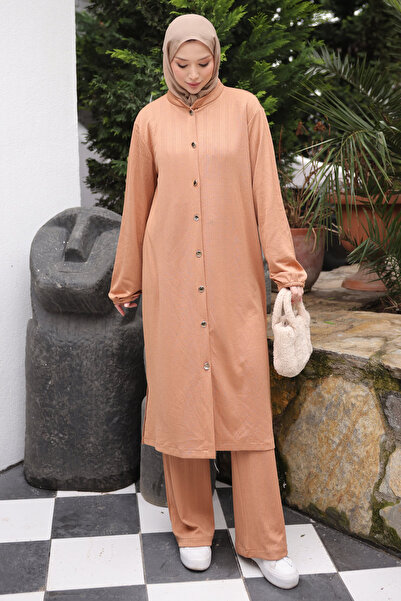 İmajButik Biscuit Buttoned Tunic and Trousers Wrinkled Suit