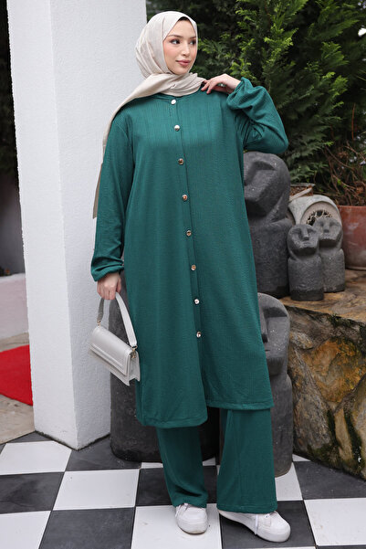 İmajButik Emerald Green Buttoned Tunic and Trousers Wrinkled Suit