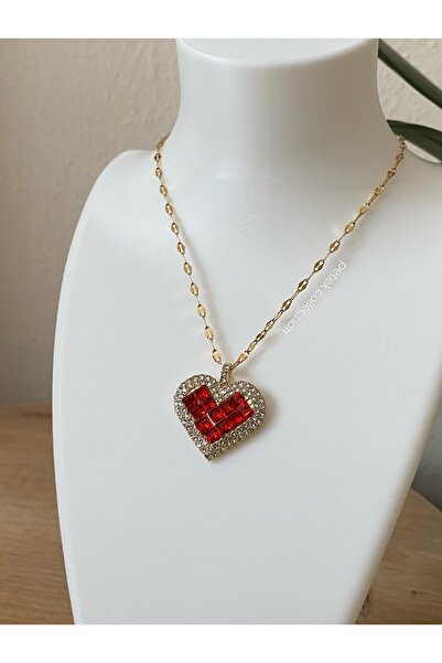 Petek Collection Red Heart Stainless Steel Necklace with Zircon Stone, Valent...