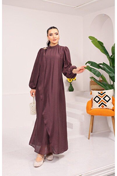 Dadali Comfortable Cut Dress with Buckle and Draped Detail, Plum Color