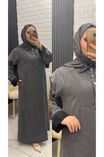 İLGEN FASHİON Oversize Half Pat Buttoned Denim Dress