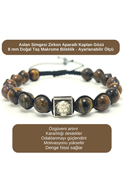 YILDIZ DOĞAL TAŞ Certified Zircon Tiger's Eye with Lion Apparatus - 8mm Natur...