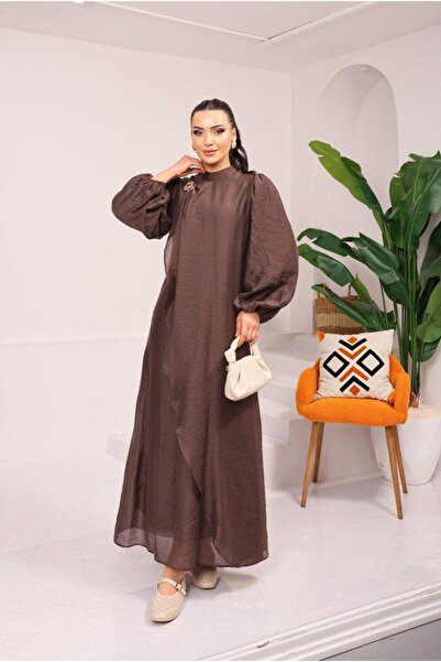 Dadali Comfortable Cut Dress with Buckle and Draped Detail Coffee