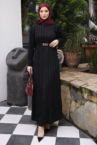 İmajButik Black Chain Belted Ruffled Seersucker Dress