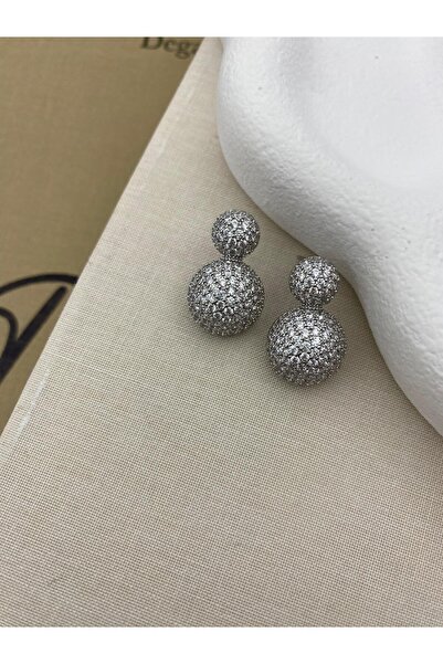 Hedef Bijuteri Silver Color Dangle Big Ball Zircon Stone Earrings