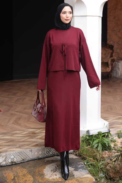 İmajButik Burgundy Mercerized Knitwear Cardigan Dress Double Combination Set