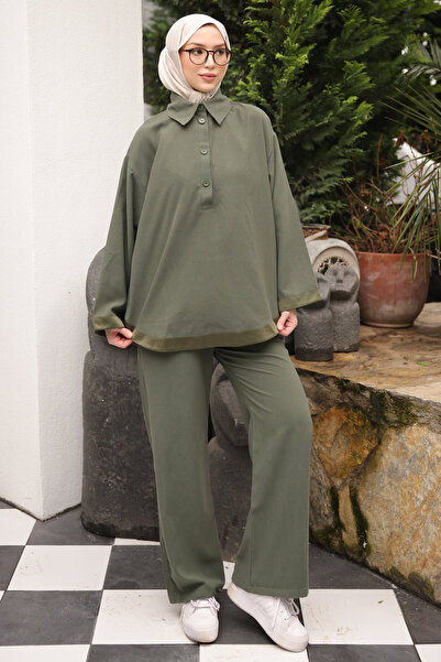 İmajButik Khaki Collared Buttoned Tunic and Trousers Set
