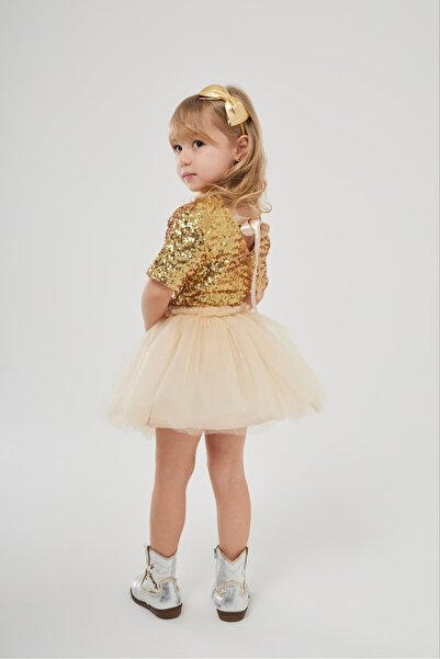 Pinkitokids Sequined Girls' Outfit with Tutu Skirt-Gold