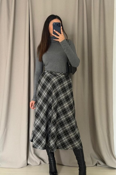Güneş Plaid Patterned Midi Length Skirt