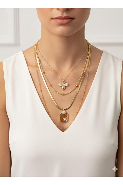 Glowzee Takı & Aksesuar 316L Steel Gold 4-Piece Necklace Set - Combination wi...