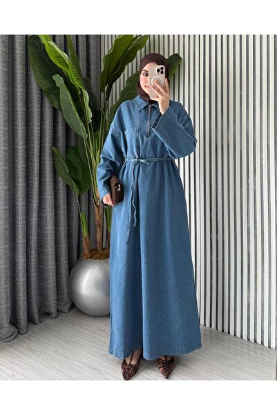 Molly Nelly Γυναικείο τζιν φόρεμα με λεπτομέρεια ζώνης, που πλένεται, μακρύ